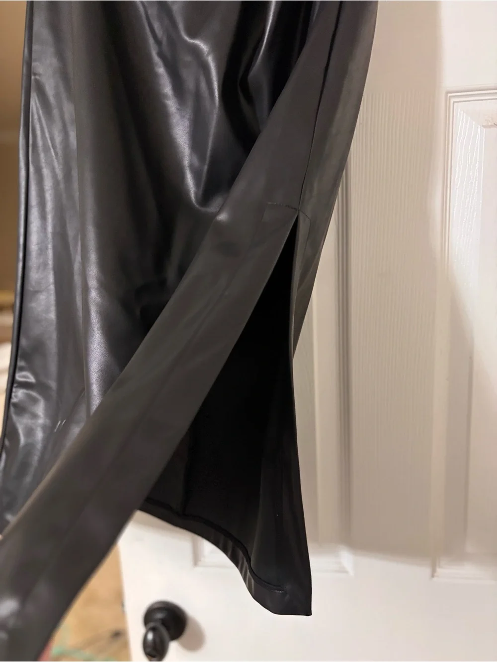 Commense Black Faux Leather Midi Skirt with Side Draping